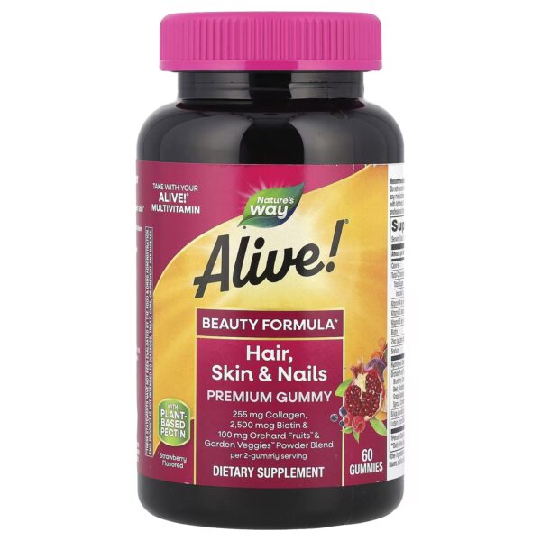 Alive! Hair, Skin & Nails Premium Gummy, Strawberry, 60 Gummies